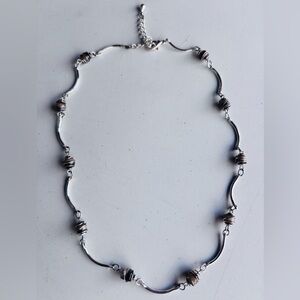 Unmarked Silver Tone Curve Links Necklace with Cats Eye Beads